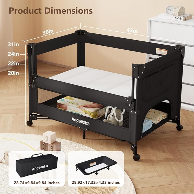 ANGELBLISS Baby Bassinet Bedside Crib, Pack and Play with Mattress, Diaper Changer, One-Push Setup Playards from Infants to Toddlers (Balck)