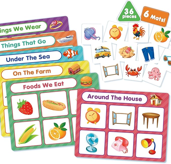 EAMAY Building Language and Matching Games Set with 6 Sorting Mats and 36 Everyday Objects Pieces Special Education Classroom,Sorting Toys for Toddlers 1-3