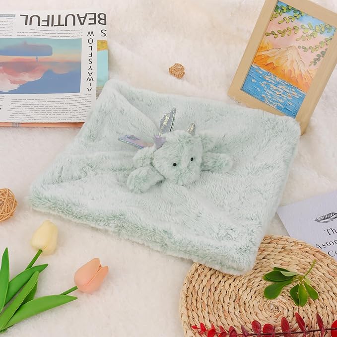 Apricot Lamb Luxury Snuggle Plush Cute Dragon Dinosaur Infant Stuffed Animals Security Blanket Nursery Character Blanket (Green Dragon, 13.8 Inches)
