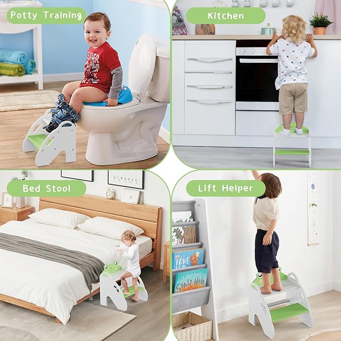 Frog-Themed Toddler Step Stool, 2-Step Stool for Bathroom Sink & Potty Training, Kids Kitchen Helper Stool with Safety Handles (Natural Wood, 120lbs Capacity)(Green)