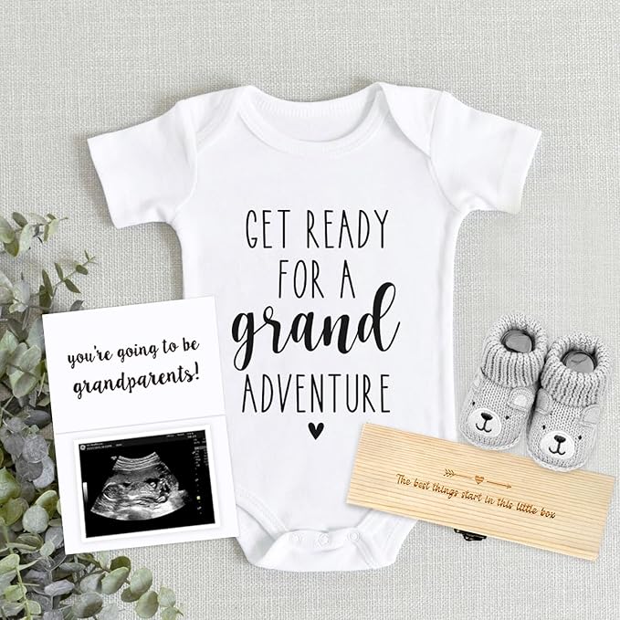 Pregnancy Announcement for Grandparents - Pregnancy Reveal Ideas for Grandma Grandpa, Surprise Baby Announcement Gifts Set - Pregnancy Test Keepsake Box, Baby Onesie & Booties, Pregnancy Reveal Card