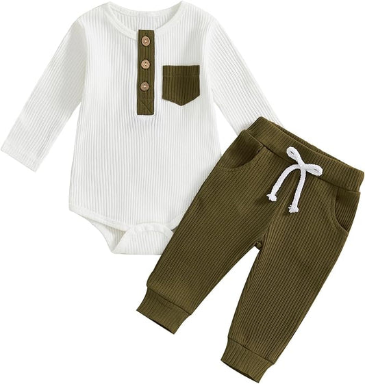 fhutpw Baby Boy Clothes 3 6 12 18 Months Ribbed Knitted Long Sleeve Romper and Pants Sets Newborn Fall Splicing Color Outfits