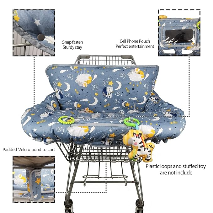 Shopping cart Cover, cart Cover for Babies, Padded high Chair Cover, Split Reversible seat Cushion, Cell Phone Pouch, Collection Pocket, Neutral for boy or Girl