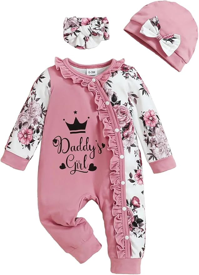 Preemie Newborn Baby Girl Clothes Infant Fall Winter Outfits Letter Floral One-Piece Romper+Jumpsuit