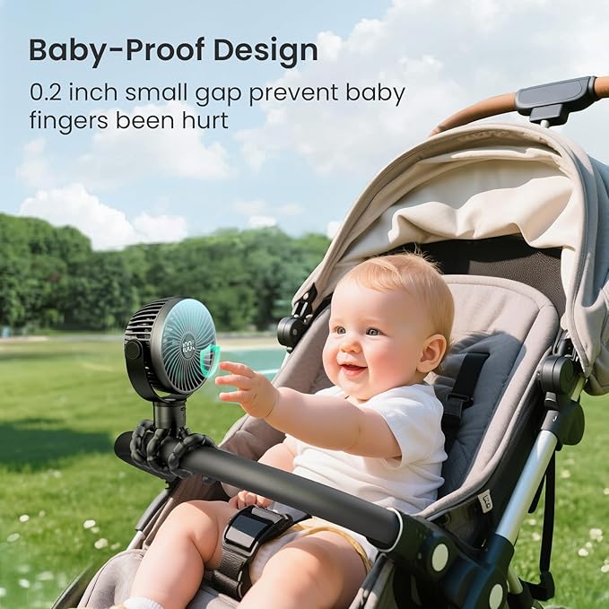 Portable Stroller Fan, 4000mAh Rechargeable Clip on Baby Fan 25H Battery Life, Head Detachable 360° Rotate Mini Fans, 4 Speed Personal Fans with Night Light for Car Seat Crib Bike Treadmill, Black