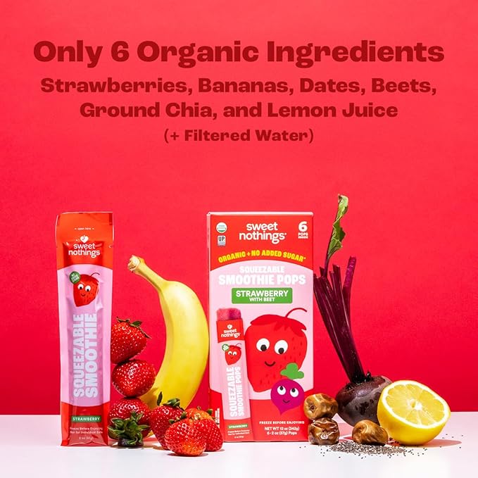 Sweet Nothings, Strawberry, USDA Organic Kids' Squeezable Fruit Smoothie Popsicle Pops, Value Pack of 24 - Dye-Free, No Added Sugar, Dairy-Free, Vegan, Organic Fruit and Veggie Pops, Freeze & Enjoy