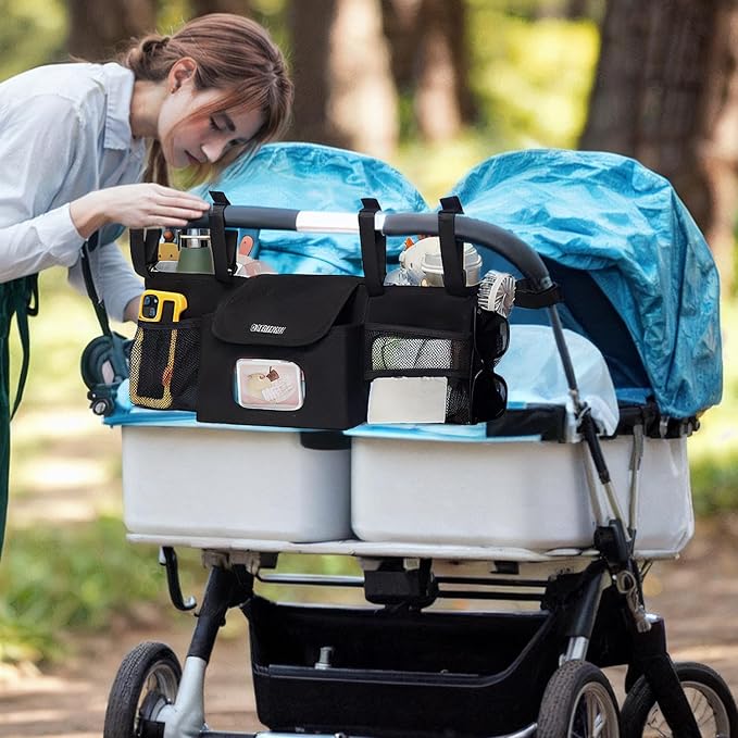 Double Stroller Organizer Compatible with BOB Duallie and Baby Jogger City Mini GT2 Double Stroller, Double Baby Stroller Accessories with 2 Cooler Pockets , Black(Empty Bag)