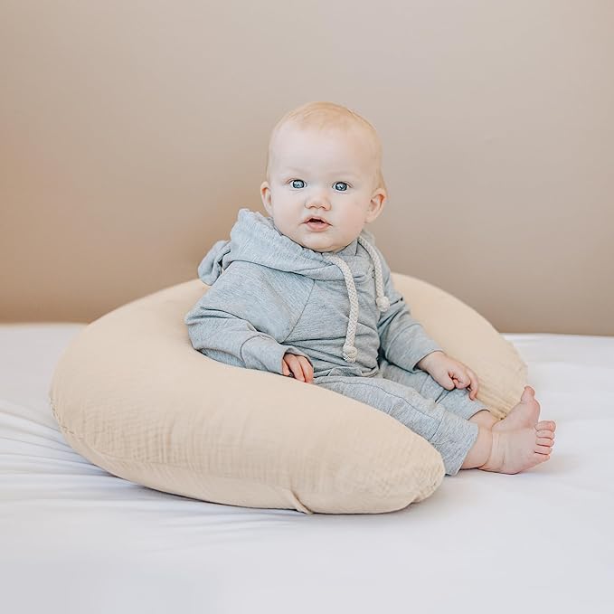 Konssy Muslin Nursing Pillow Covers, Soft and Cute Nursing Covers for Breastfeeding Pillows, Ideal for Newborn Baby Boys and Girls (Fog Green, Cream) - 2 Pack