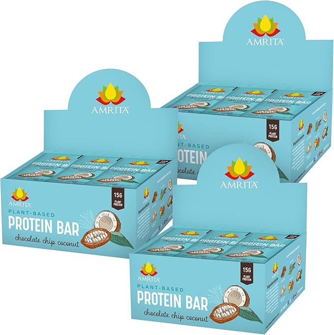 Amrita Nut Free Vegan Protein Bars (12 CT PK of 3) | Chocolate Chip Coconut 15g Plant-Based Protein Bar | Peanut-Free, Gluten Free, and Dairy-Free | No Added Sugar, Healthy Snacks for Kids/Adults