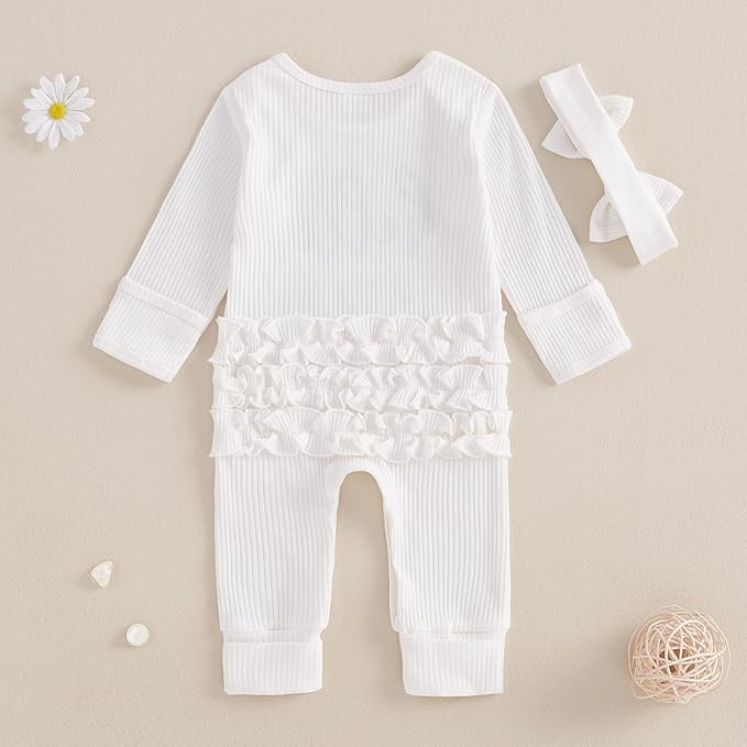 Newborn Girl Clothes Baby Girl Coming Home Outfit Zipper One-piece Outfits Ruffle Footie Bodysuit Jumpsuit Headband