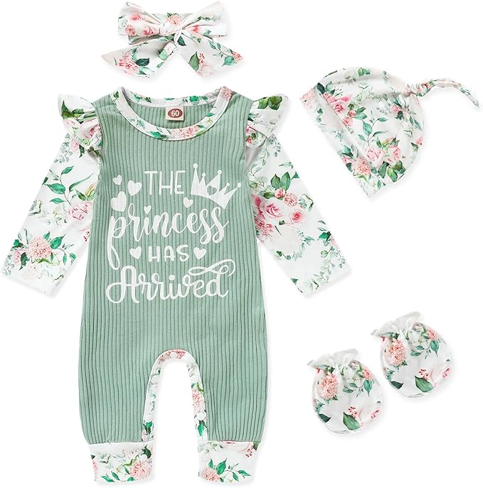 GRNSHTS Newborn Baby Girl Romper Infant Letter Print Jumpsuit Floral Bodysuit+Hat+Headband+Gloves Coming Home Clothes Outfits