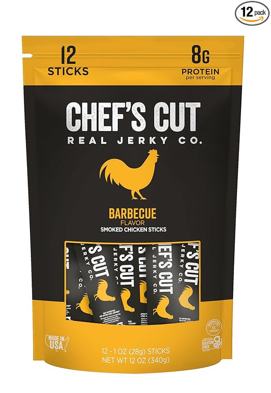 Chef's Cut Smoked Chicken Jerky Meat Sticks, Barbecue Flavor (1 Ounce Stick, Pack of 12) - High Protein, 8g Protein per Serving, 70 Calories, Gluten-Free, Keto Friendly Snack, Low Carb Snack, Individually Wrapped