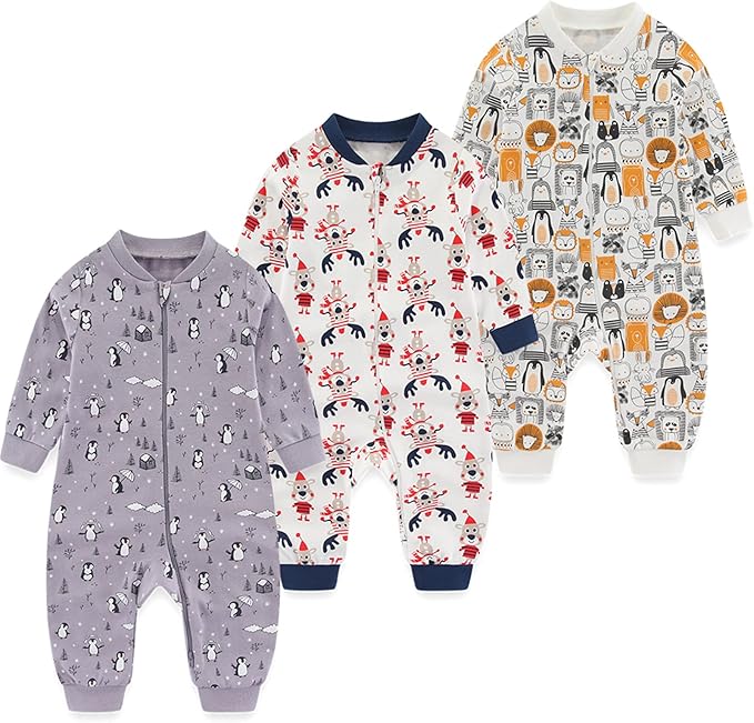Newborn Baby 2-way Zipper Romper Cotton One-piece Jumsuit 3-pack, 0-24 Months