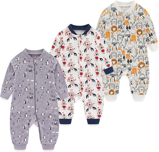 Newborn Baby 2-way Zipper Romper Cotton One-piece Jumsuit 3-pack, 0-24 Months