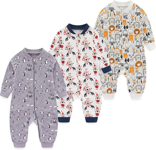Newborn Baby 2-way Zipper Romper Cotton One-piece Jumsuit 3-pack, 0-24 Months