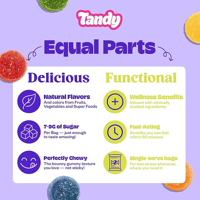 Tandy Stress Heads GABA Amino Acids Gummies I Perfectly Sour Fruit Faves Flavor Gummies Helps Support Stress Relief I Gluten-Free Fast-Acting Dietary Supplement Gummy I 6-Pack
