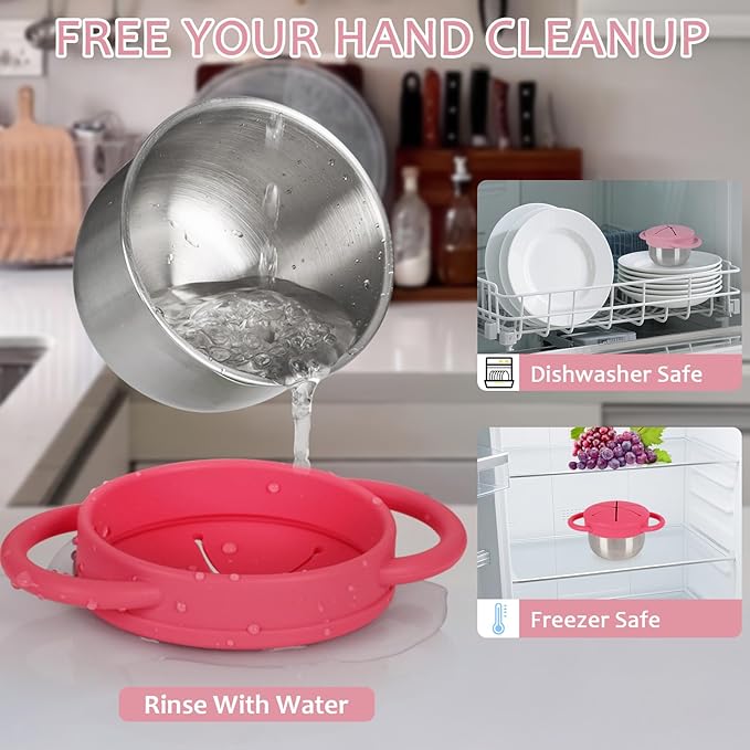 2 Pack 304 Stainless Steel Snack Cups for Toddlers, Snack Containers with Spill-Proof Silicone Travel Lid & Handle, Dishwasher Safe, Removable Snack Catcher for Baby, Toddler