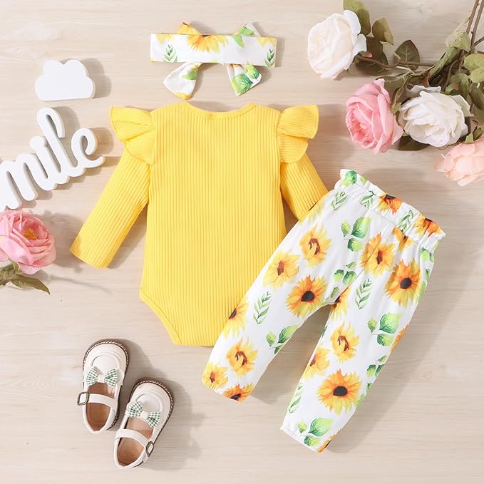 GDTOGRT Baby Girl Clothes Newborn Infant Outfits Ruffle Romper+ Floral Pants + Cute Headband Sets for Girls
