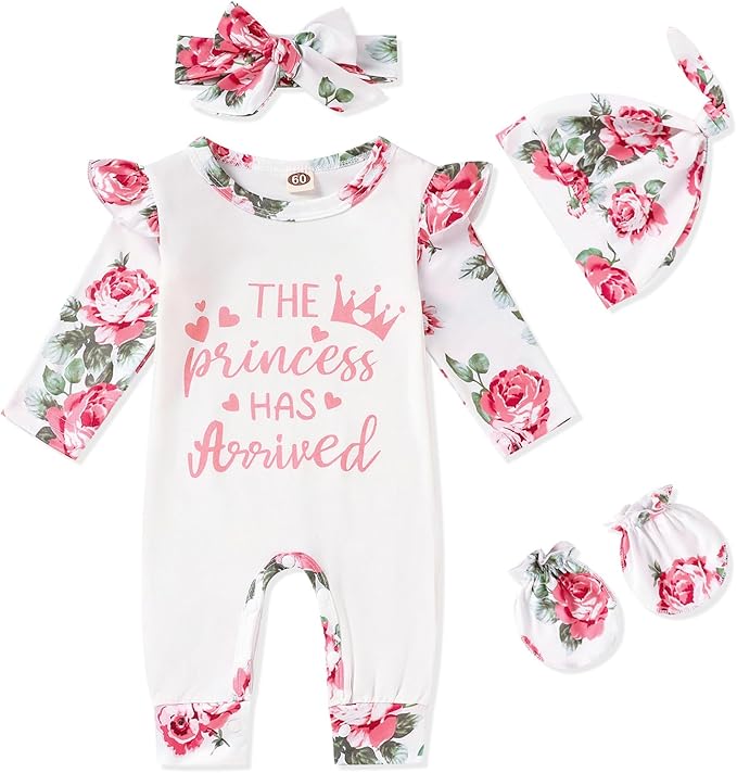 GRNSHTS Newborn Baby Girl Romper Infant Letter Print Jumpsuit Floral Bodysuit+Hat+Headband+Gloves Coming Home Clothes Outfits