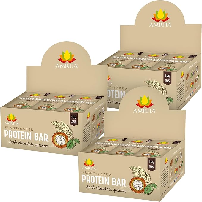 Amrita Nut Free Vegan Protein Bars (12 CT PK of 3) | Dark Chocolate Quinoa 15g Plant-Based Protein Bar | Peanut-Free, Gluten Free, and Dairy-Free | No Added Sugar, Healthy Snacks for Kids/Adults