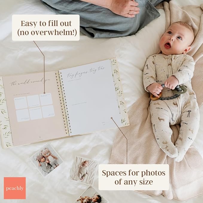 Peachly Unisex Baby Memory Book | Minimalist Baby First Year Keepsake for Milestones | Baby Books First Year Memory Book | Simple Baby Scrapbook for Boy Girl Milestones | Natural Linen - Olive