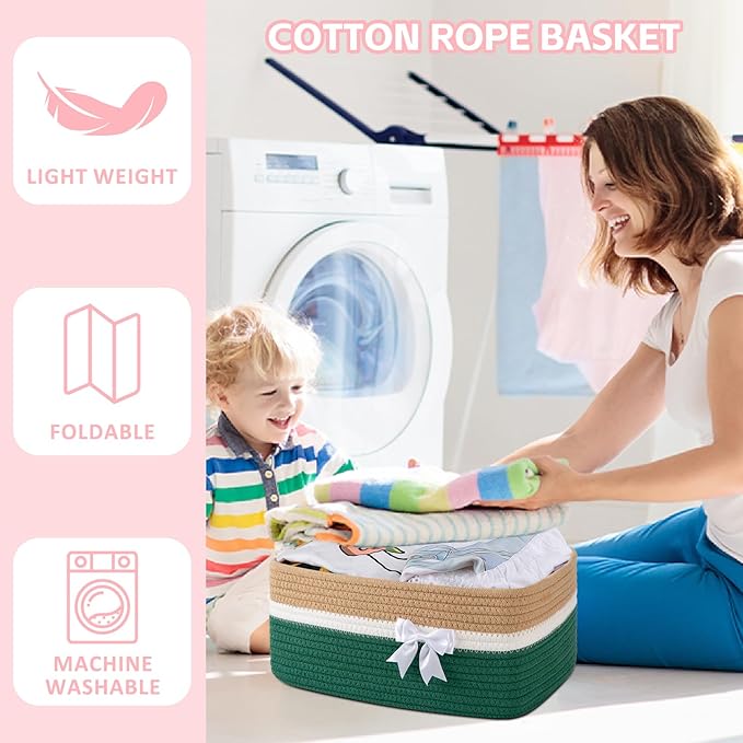 OIAHOMY Large Woven Storage Basket with Handles for Nursery Living Room Shelves, Bow Basket for Gifts Empty with Gift Bags and Ribbons for Baby Showers Pet Toy Bin -Yellow & Dark Green