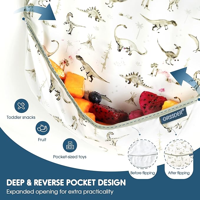 GRSSDER 3-pack Mess Proof Baby Feeding Bibs with Food Catcher Pocket, Soft Lightweight Waterproof Fabric Material with Zero Plastic-like Feel, Adjustable and Easy Clean Toddler Bibs for 6-36 Months