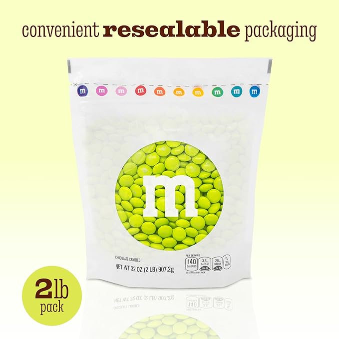 M&M’S WORLD Electric Green Milk Chocolate Candy - 2lbs of Bulk Chocolate Candy in a Resealable Pack for Birthdays, Graduations, St. Patrick's Day Celebrations, and More