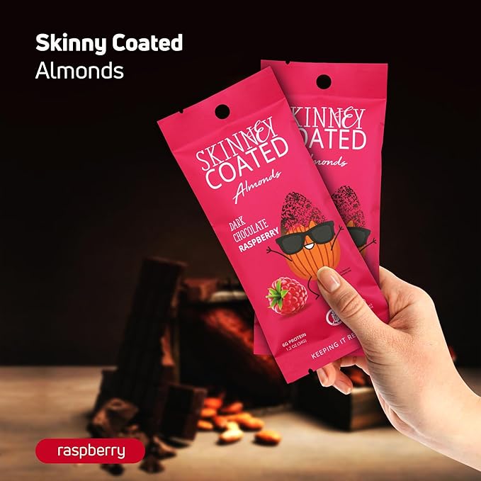 Skinny Coated Almonds Dark Chocolate Raspberry Snacks, Raspberry Flavored Healthy Chocolate Snacks Bulk - Kosher, Gluten Free Snacks for Adults, 1.2Oz p Bag, 6 Pack.