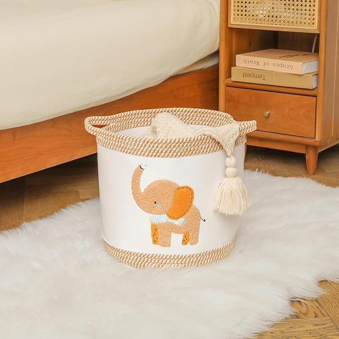 Baby Toy Basket Blanket Baskets Laundry Hamper Cute Elephant Nursery Organization Bins with Handle, Woven Cotton Rope Nursery Storage Basket For Girls Boys Kids Baby Shower Gifts Baskets