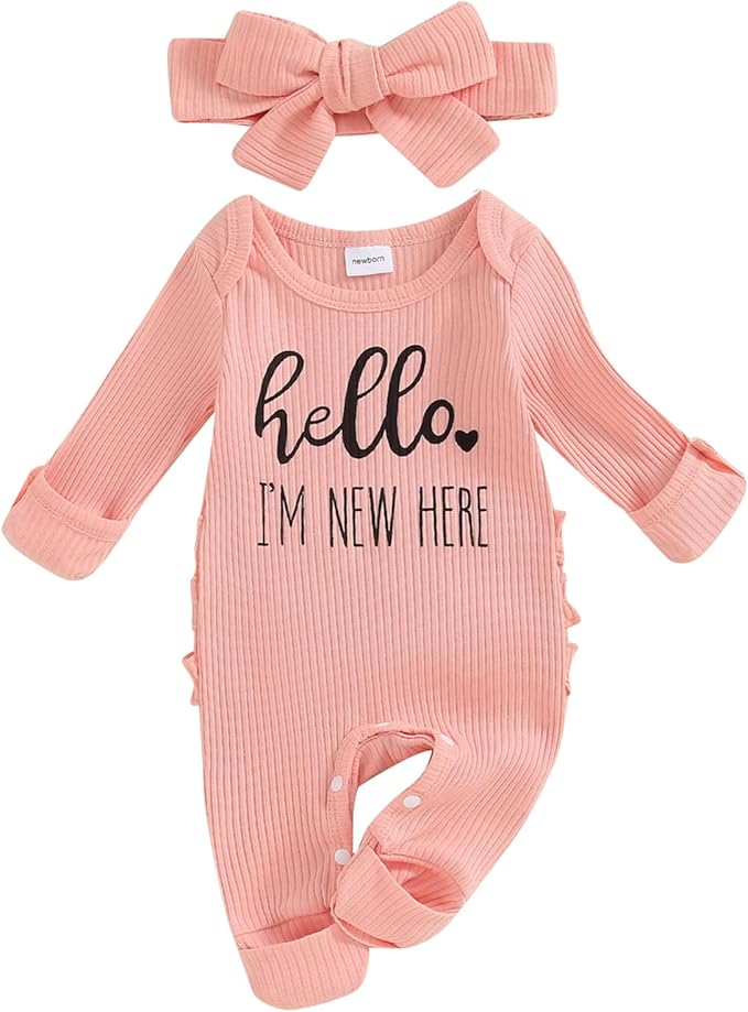 Newborn Girl Clothes Baby Girl Coming Home Outfit Zipper One-piece Outfits Ruffle Footie Bodysuit Jumpsuit Headband