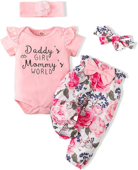 AMAWMW Newborn Baby Girl Clothes Infant Baby Ruffle Romper Pants Summer Outfits 4PCS Gifts Set Toddler Girls' Clothing