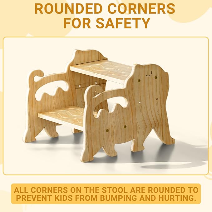 COSYLAND Toddler Step Stool for Bathroom Sink - Height Adjustable 2 Step Stool for Kids - Lovely Cat Style Wooden Potty Training Stool with Handles for Bathroom, Kitchen, Bedroom (Natural)