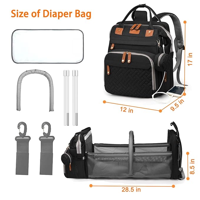 Baby Diaper Bags with Changing Station, Waterproof Diaper Bag Backpack for Moms Dads with USB Charging Port, Baby Shower Gifts, Large Capacity diaper backpack, Black