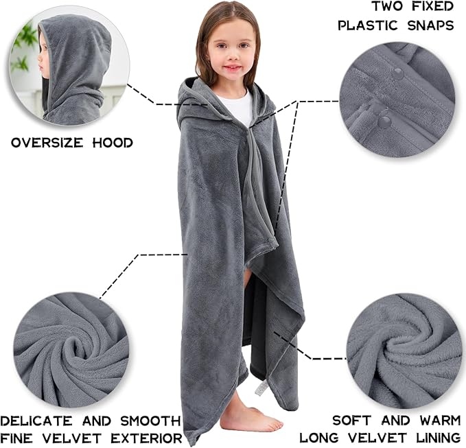Hiturbo Kids Fleece Hooded Bath Towel: Soft Plush Pool Beach Towel Blanket - 50"x30" Toddler Towels Wrap for Boys Girls 3-12 Years (Gray)