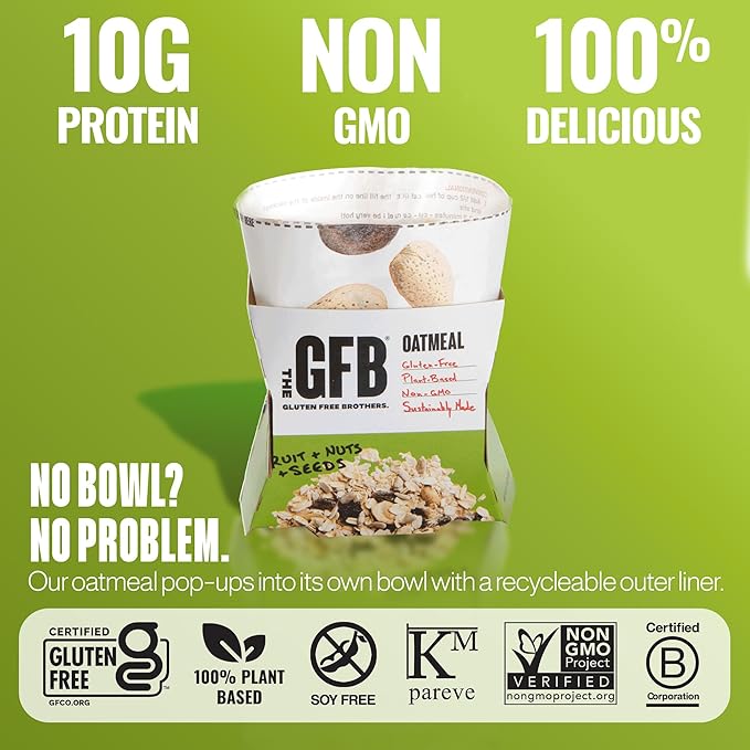 The GFB Fruit, Nuts and Seeds Protein Oatmeal Cups - Unique Pop-Up Bowl - Gluten Free, Plant Based, Non GMO, Sustainably Made - Ridiculously Tasty, Healthy, Vegan Protein Instant Oatmeal, 2 oz (6 Count)