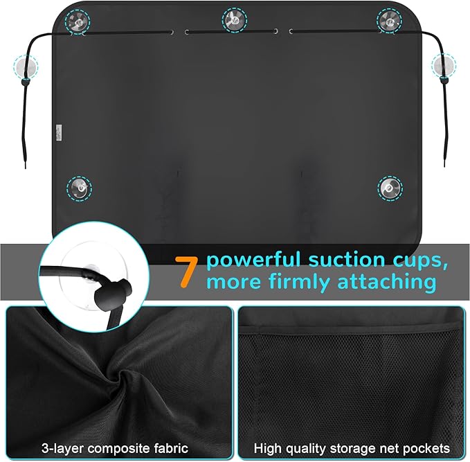 Car Sun Shade Side Window, 2 Pcs Blackout Car Window Shade for Baby Privacy with Storage Net Pockets Car Curtains 7 Suction Cups for Heat/UV Protection Sun Block Covers