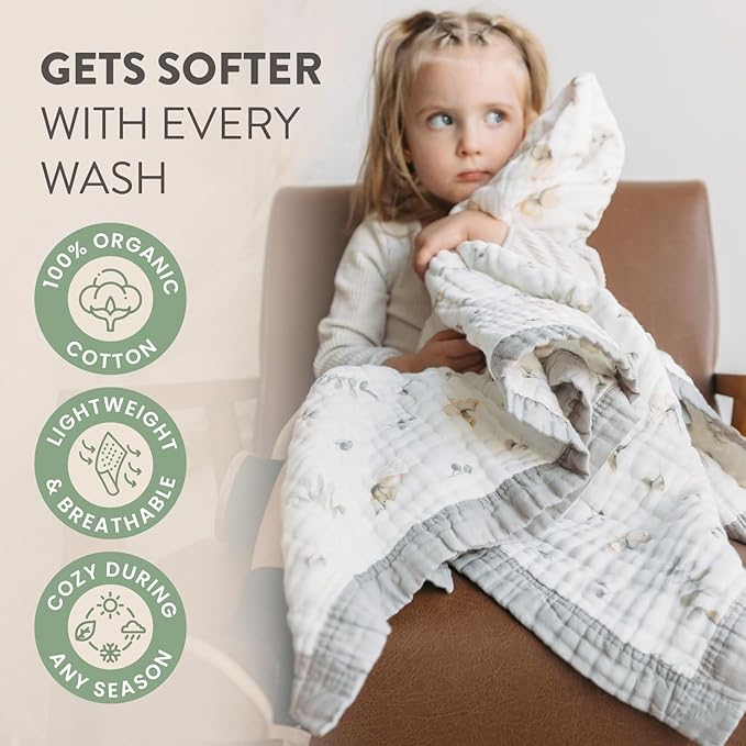 Organic Cotton Muslin Baby Blanket for Boys & Girls - Luxurious Soft Toddler Quilt for Swaddling - Gender Neutral Blankets - Great Dinosaur