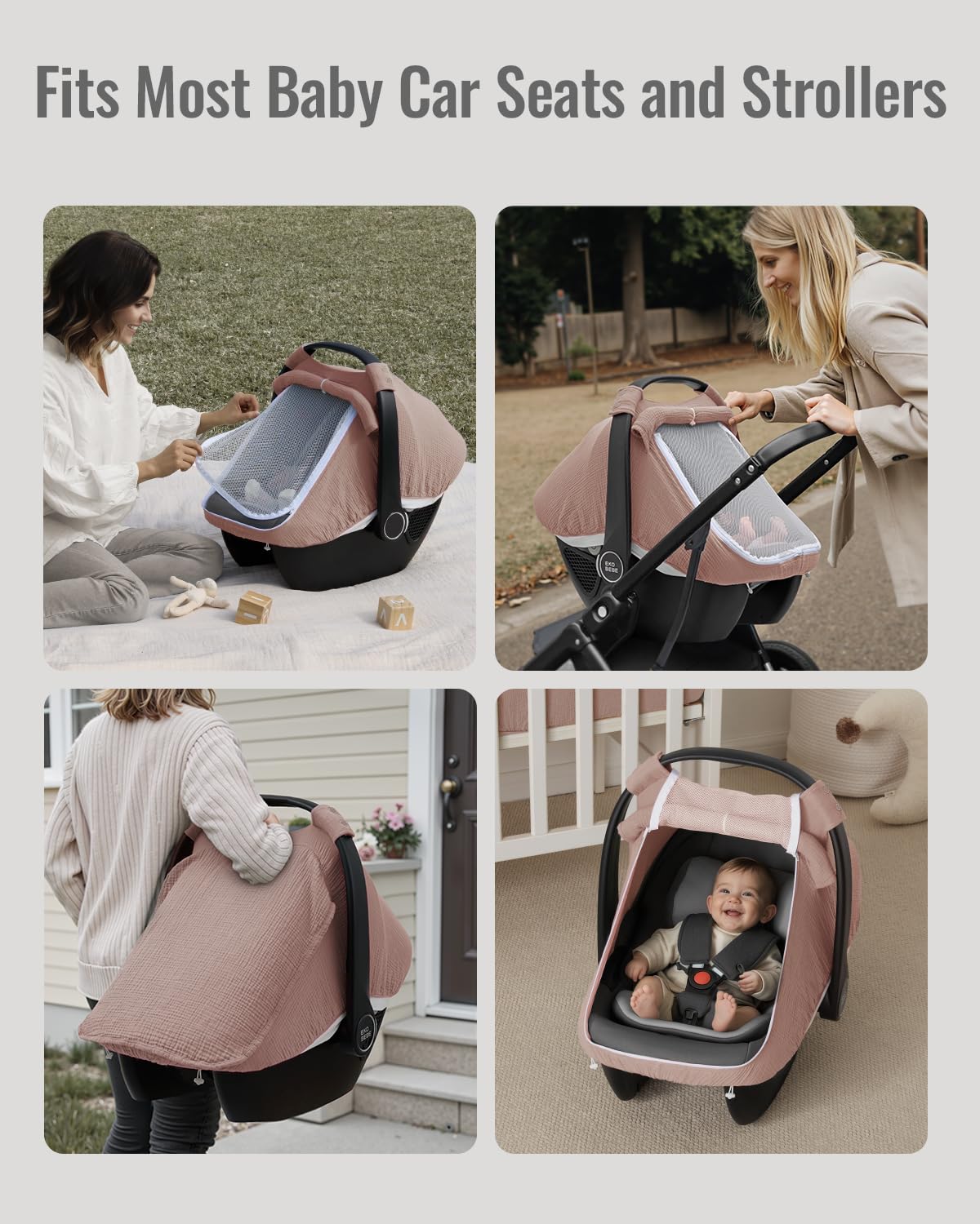 Blissful Diary Baby Car Seat Cover, Extra Large Mesh Window, Breathable Muslin Cotton, Infant Windproof Canopy, Must-Have Baby Gift - Roman Green