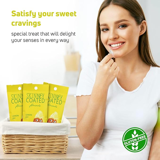 Skinny Coated Almonds Lemon Joy Snacks, Lemon Flavored Healthy Chocolate Snacks in Bulk - Skinny Almonds, Kosher, Gluten Free Sweet Snacks for Adults, 1.2Oz p/Bag, 6 Pack