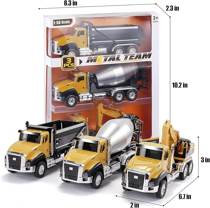 TEMI 3 Pack of Diecast Engineering Construction Vehicles, Dump Truck, Digger, Mixer Truck, 1/50 Scale Metal Collectible Model Cars, Pull Back Car Toys with Opening Doors for Boys and Girls