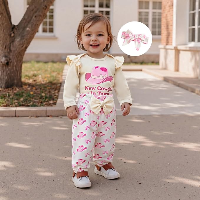 Fernvia Western Newborn Baby Girl Clothes Long Sleeve Letter Print Romper Animal Print Pants Headband 3Pcs Outfits Sets