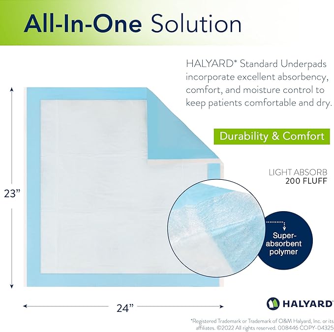 HALYARD Disposable Standard Underpads Incontinence Bed Pads, 23”x24” Lt. Blue-Comfortable Chucks Pads Disposable for Adults-Soft Bed Pads for Elderly Adult Patient 48820 - Pack of 50
