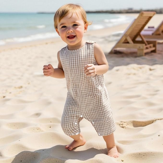 Baby Boy Summer Clothes Sleeveless Retro Plaid Romper Overalls Jumpsuit Shortalls Playsuit Outfits