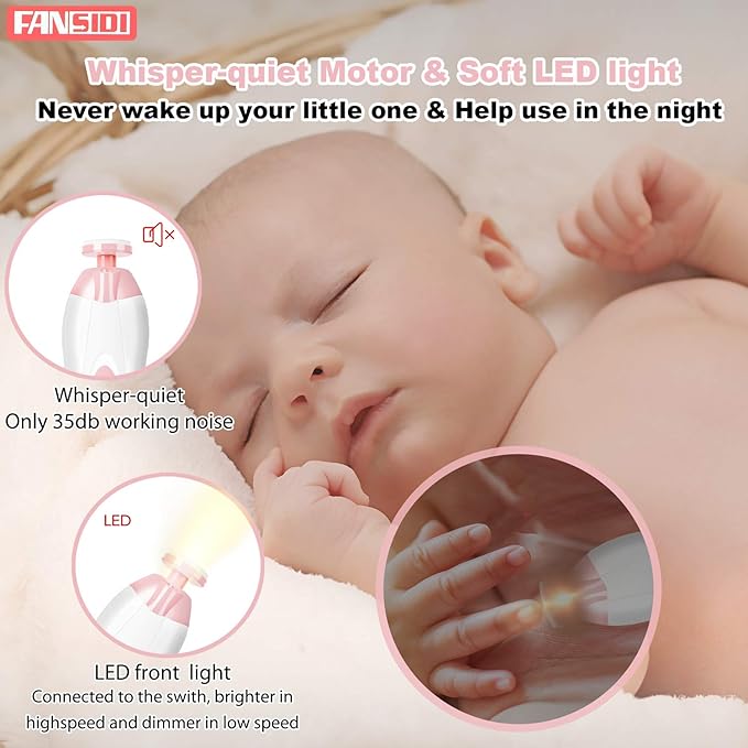 Baby Nail Trimmer Electric, FANSIDI Baby Nail File Infant Nail Clippers with 10 Grinding Pads 8 Sandpapers for Newborn Infant Toddler or Adults Toes Fingernails Care - AA Battery Operated (White/Pink)