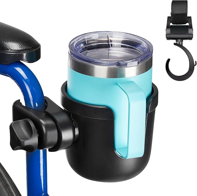 JOYTUTUS Wheelchair Cup Holder, 2 Pack Rollator Cup Holder, 4 Flexible Tabs with Hook Drink Holder for Walker, Scooter, Stroller, Mobility
