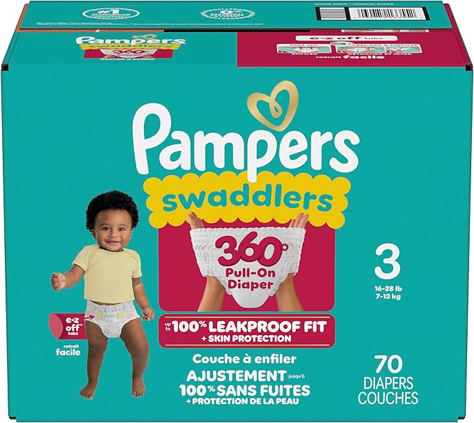 Pampers Diapers - Swaddlers 360° - Size 3, 70 Count, up to 100% Leakproof Comfy Dry Fit, Designed for Easy Changes, Pull On Baby Diaper (Packaging May Vary)