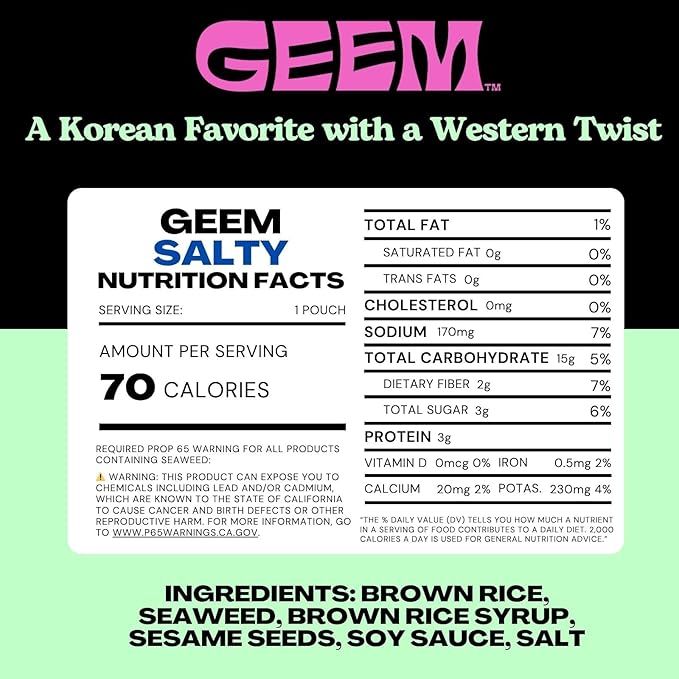 GEEM Seaweed Snacks – Korean Seaweed Chips with Rice Crisps & Sesame | Crunchy, Oil-Free Snack | Vegan, Non-GMO | Great for Kids & Adults | Salty 4-Pack