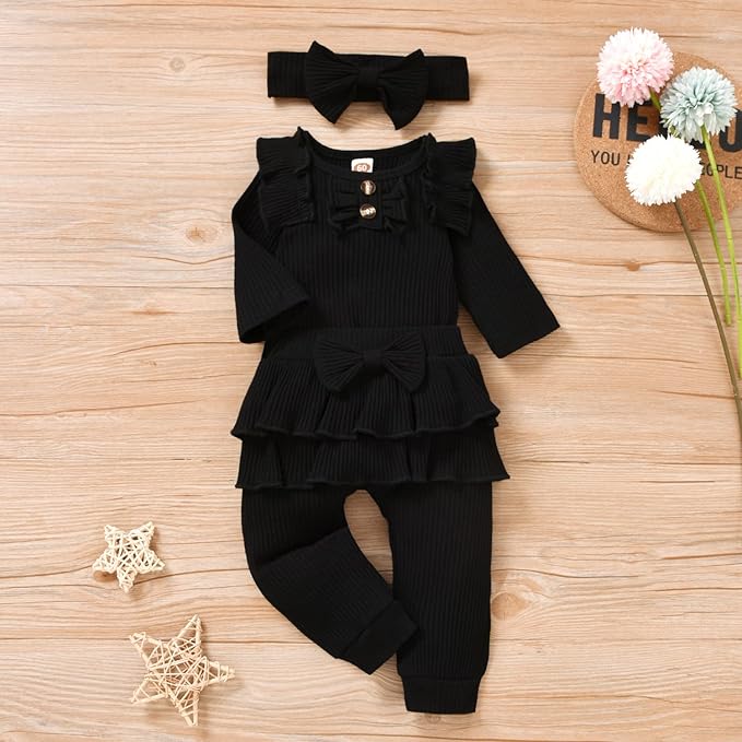 Aalizzwell Preemie Newborn Infant Baby Girls Clothes Ribbed Bodysuit Pants Set Fall Winter Outfits