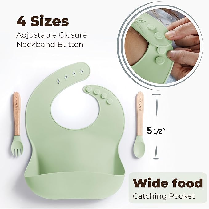 Set of Silicone Baby Feeding Essentials 6 in 1 and Educational Montessori Baby Toys, highchair Toys Suction for Infant Toddlers (Olive)